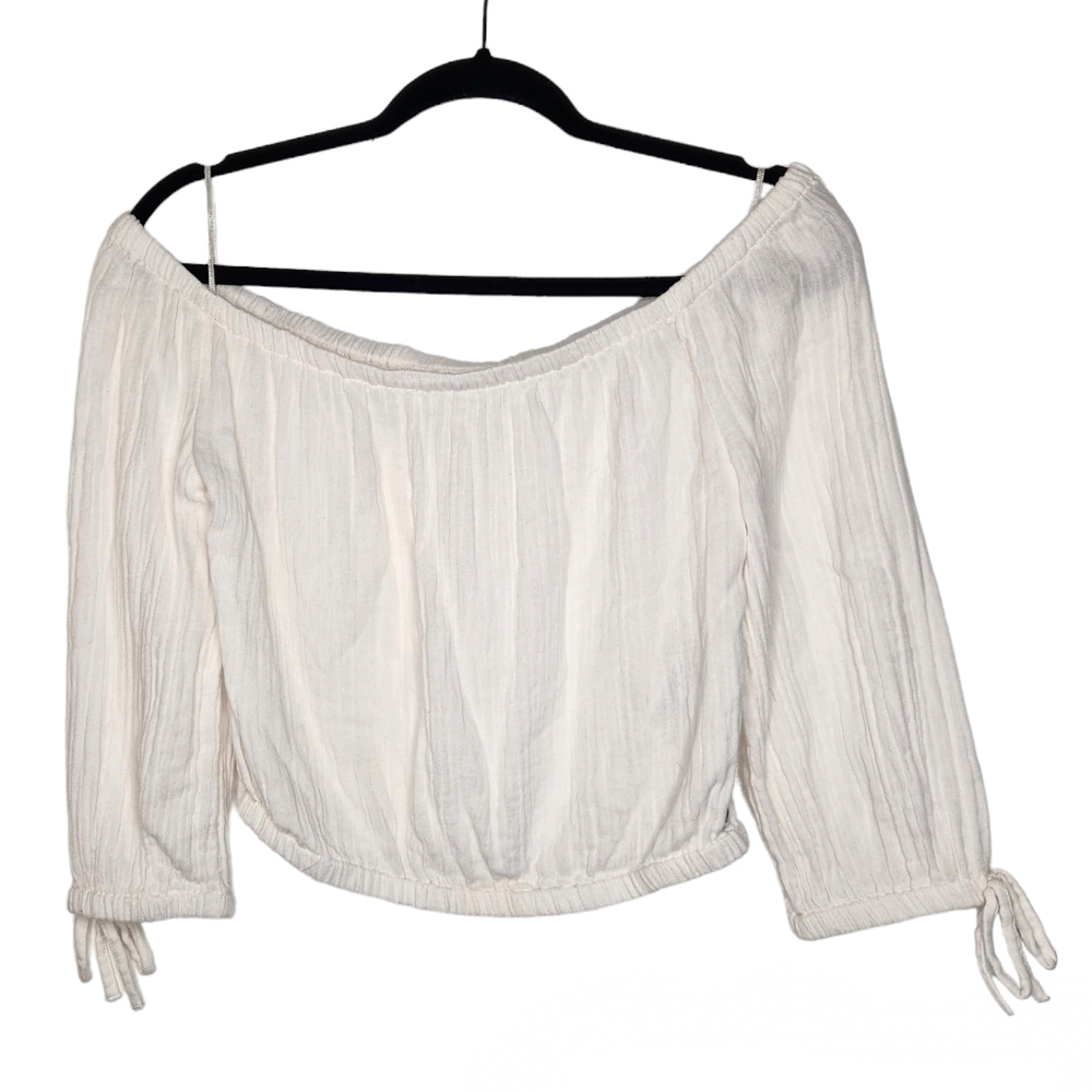 Roxy Crop Top Off the Shoulder 3/4 Sleeve White Bali Shore Gauze Cotton Logo